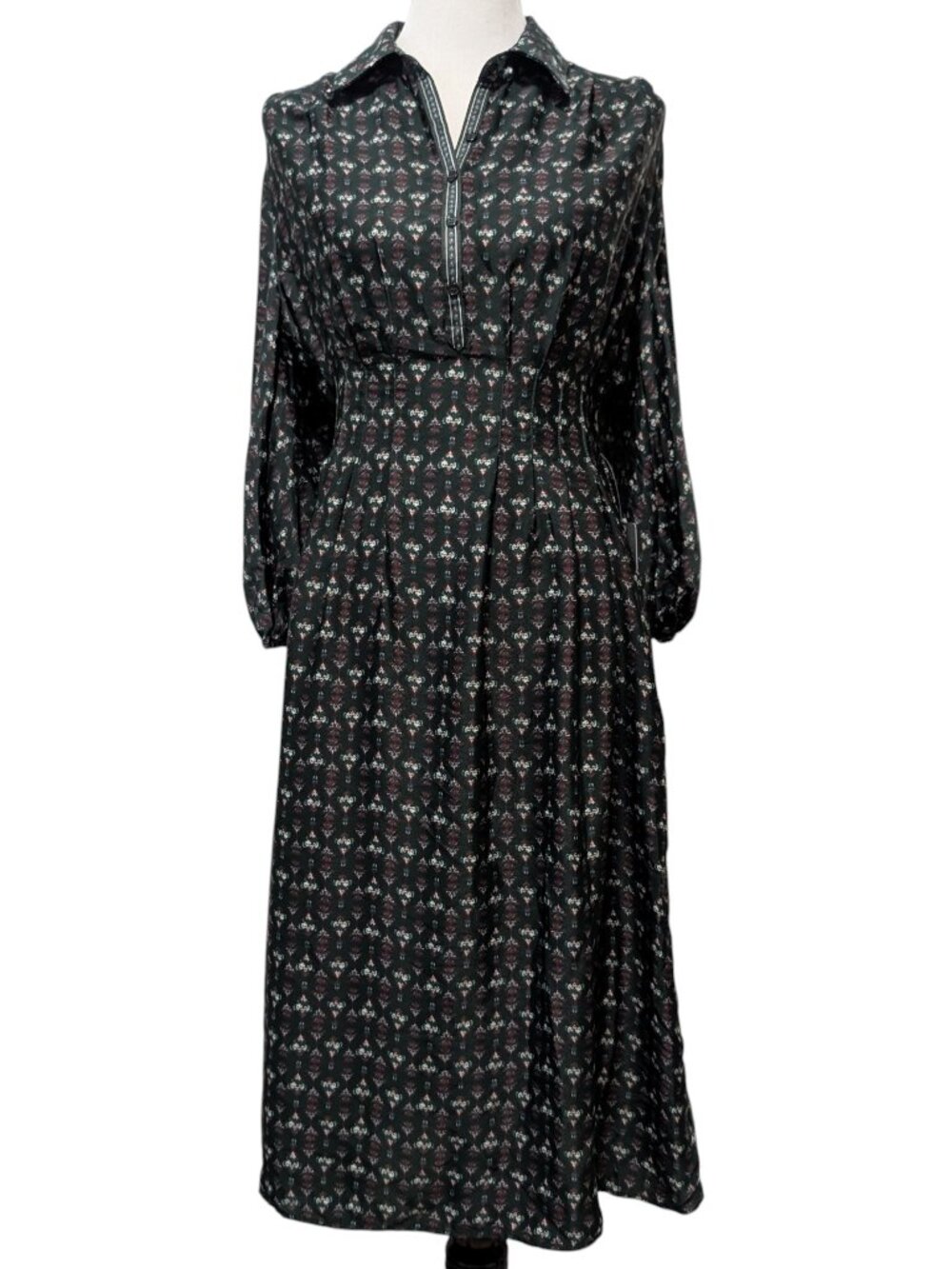 Max Studio London Womens NWT Size S Dark Green Geometric Bloom Midi Shirt Dress